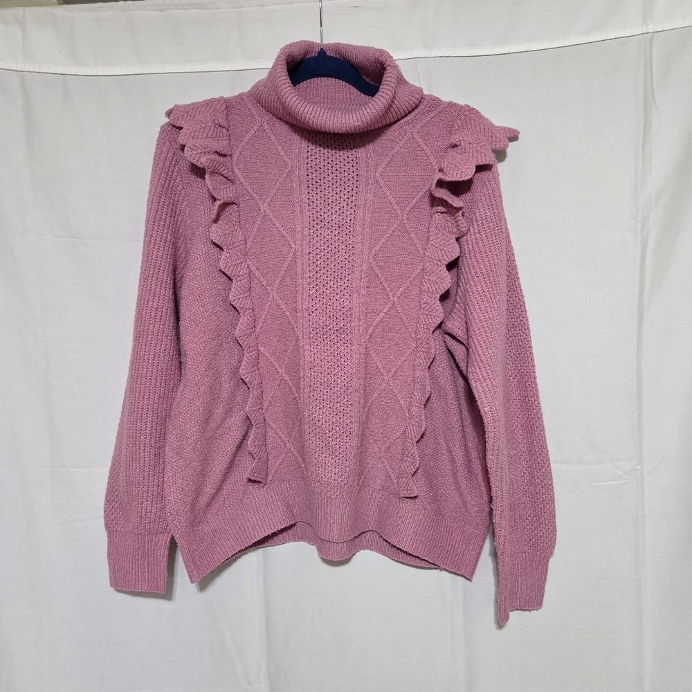 Design History Pink Turtleneck Sweater with Ruffle Details